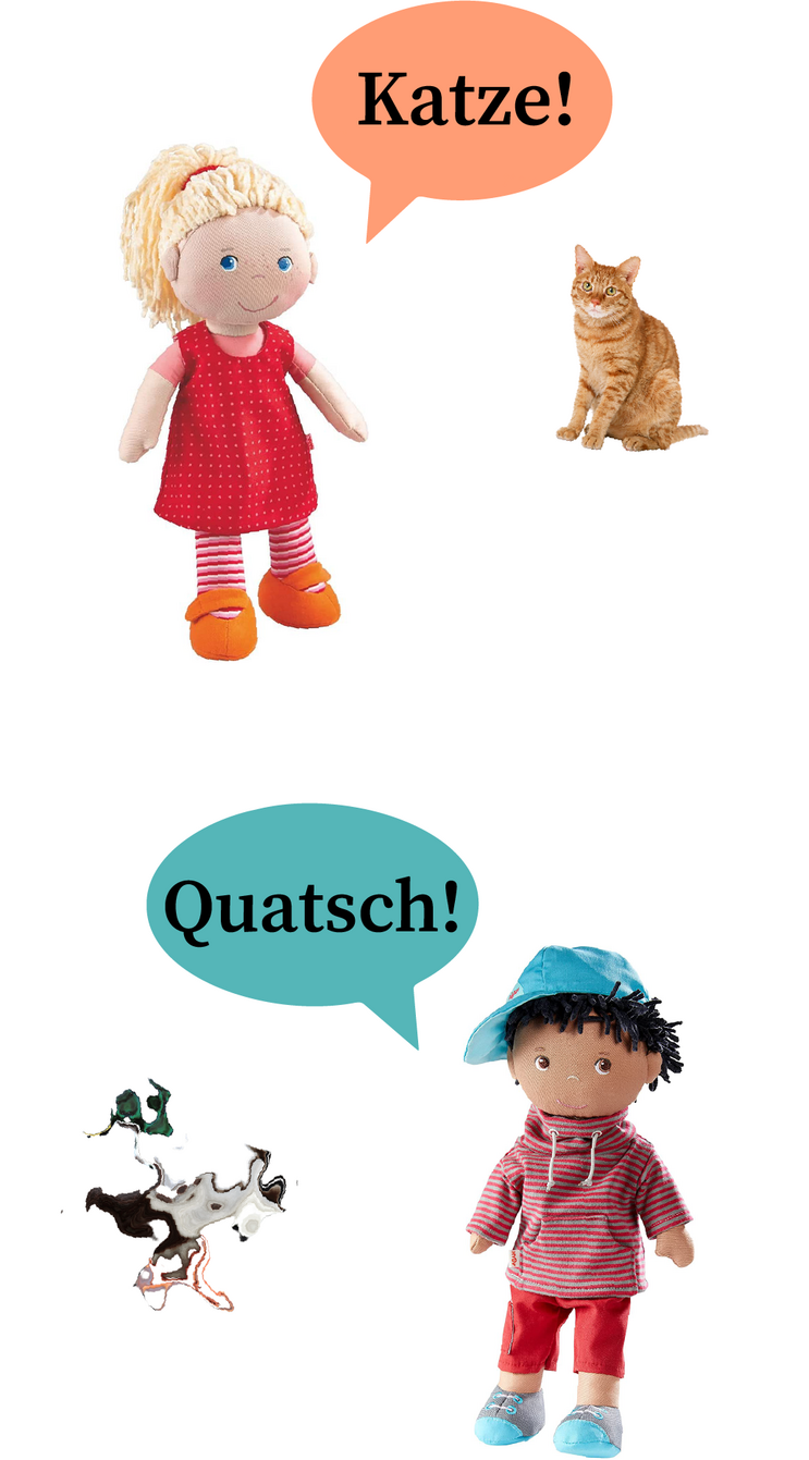 Collage with two dolls naming objects